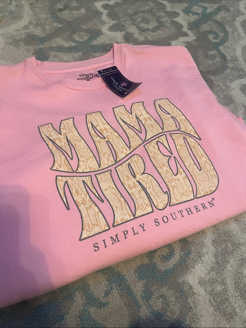 Simply Southern Pink 'Mama Tired' womens Sweatshirt with Gold snakeskin Graphic